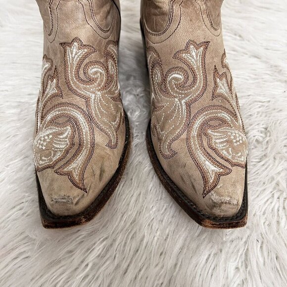Corral Floral Full Stitched Cowboy Boots Beige Pull On Pointed Toe Leather 9.5 B - Picture 5 of 12